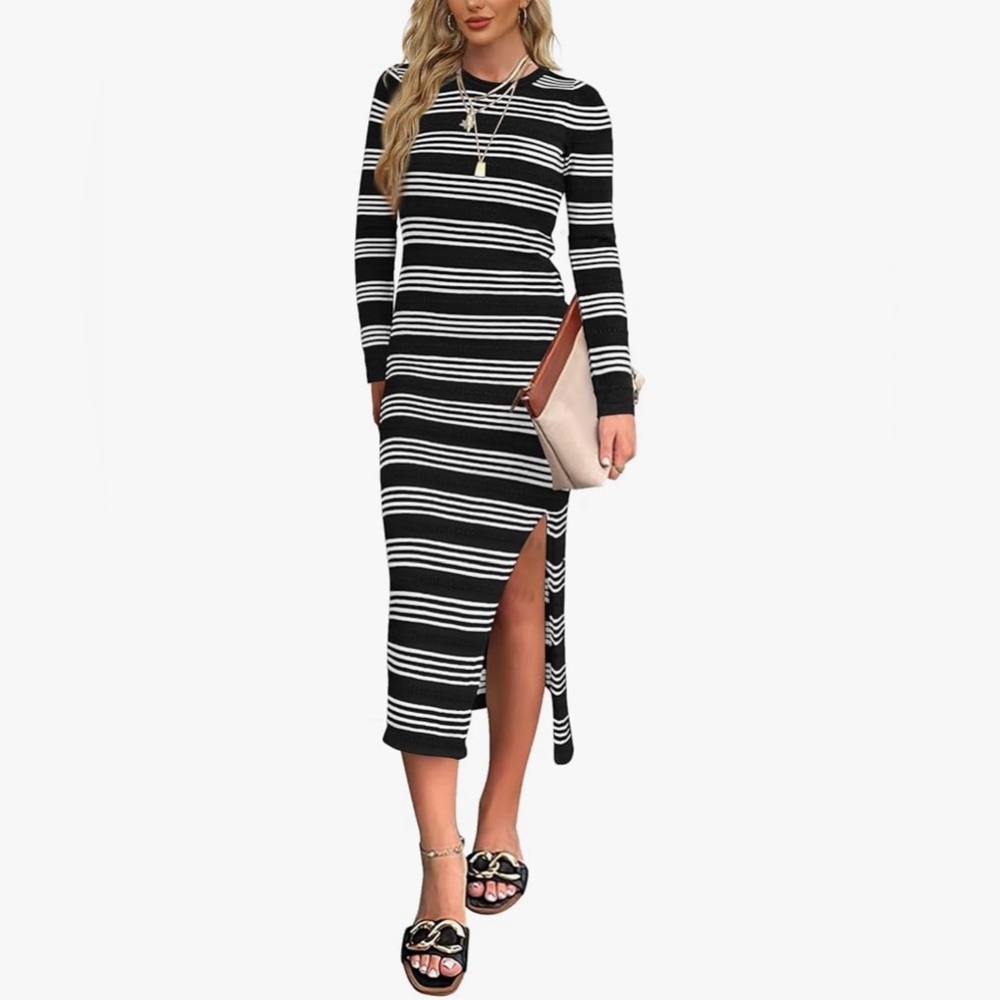 Wiholl Lightweight Knit Spring Sweater Dress Long Sleeve Fitted Side Slit Soft